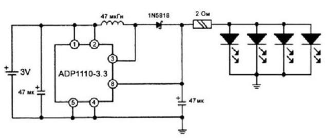 Figure 2. Schematic diagram of a homemade super-bright flashlight with voltage regulator.