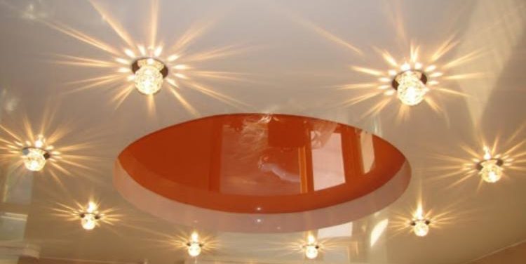 Spot lights as a decoration for the stretch ceiling.