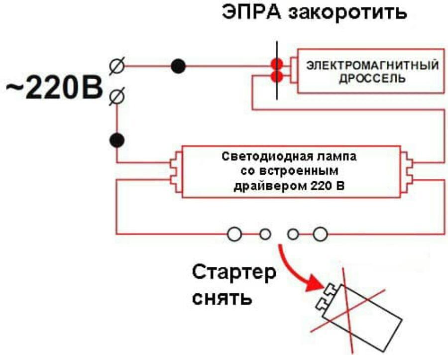 How to connect a LED lamp instead of fluorescent