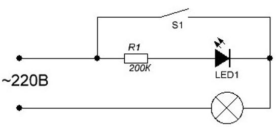 通过 220V 开关连接 LED 的示意图