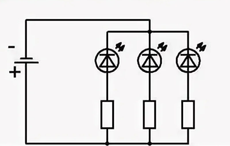 Diagram for connecting LEDs in parallel. Each LED should be connected in series correctly