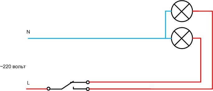 Schemat podłączenia dwóch opraw typu downlight z jednym wyłącznikiem