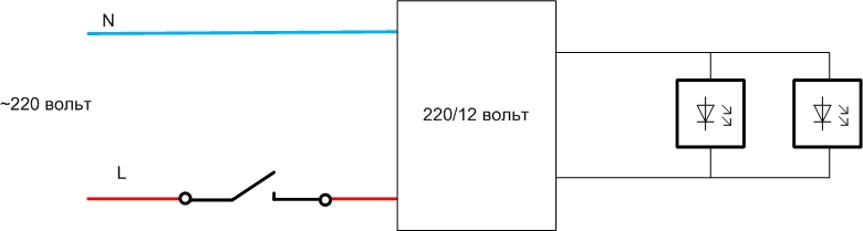 Schemat podłączenia dwóch opraw typu downlight z jednym wyłącznikiem